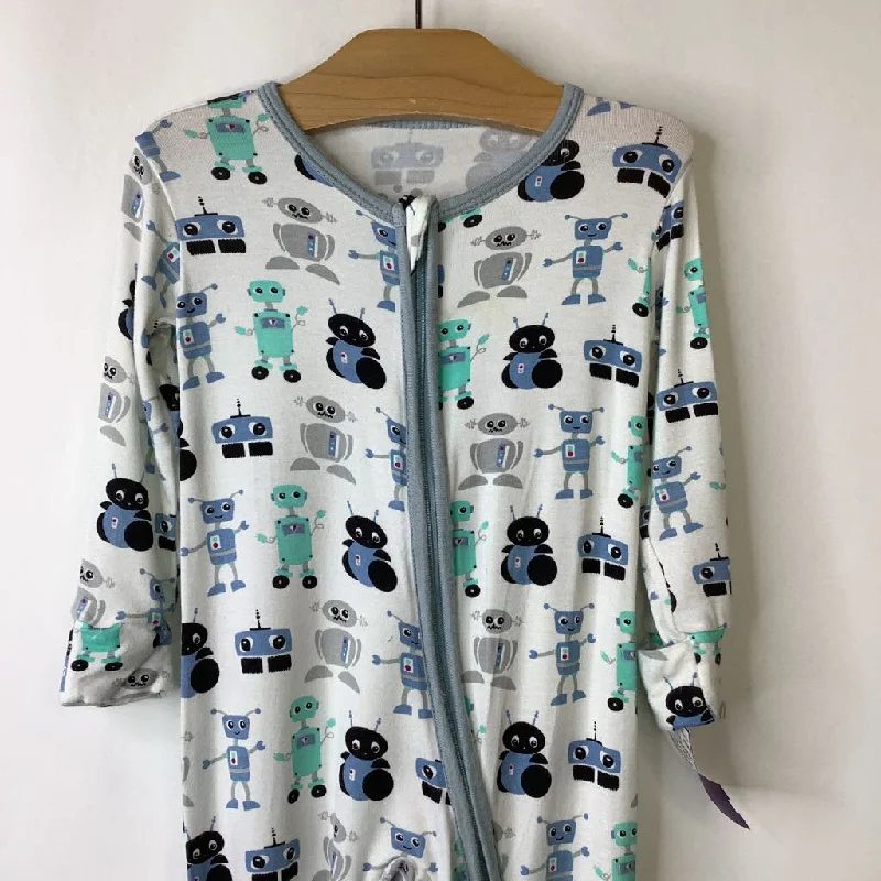 Size 12-18m: KicKee Pants White Grey/Black/Blue/Turquoise Robots Footed Long Sleeve PJS