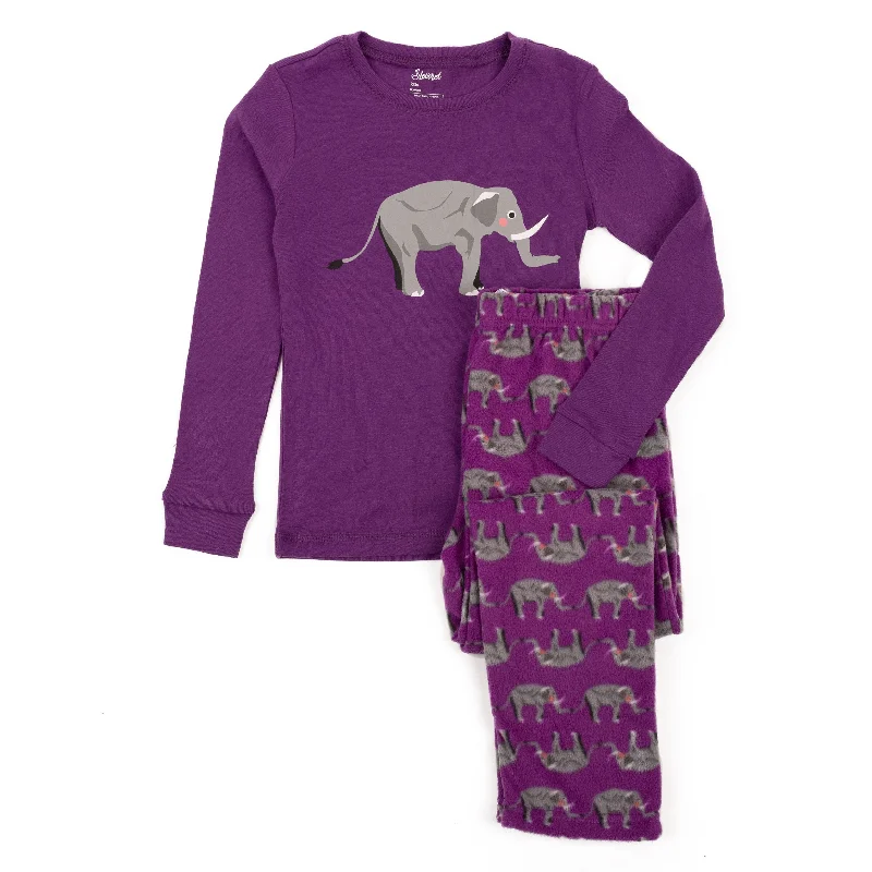 Kids Cotton Top and Fleece Pants Pajamas Purple Elephant