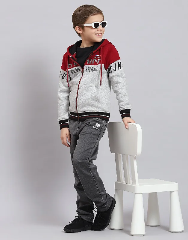 Boys Grey Melange Printed Hooded Full Sleeve Sweatshirt