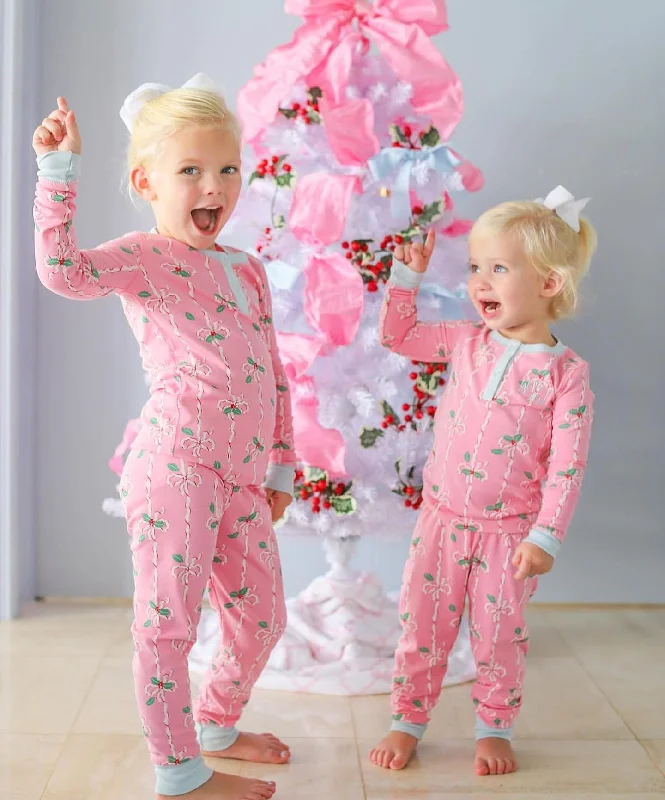 Preorder GLP1925 Christmas leaf bow pattern pink long sleeve trousers pajamas set high quality