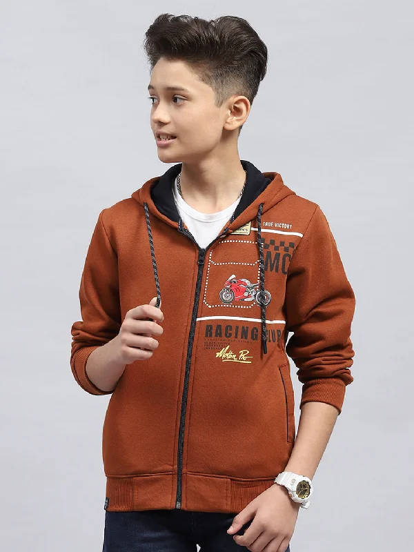 Boys Rust Printed Hooded Full Sleeve Sweatshirt