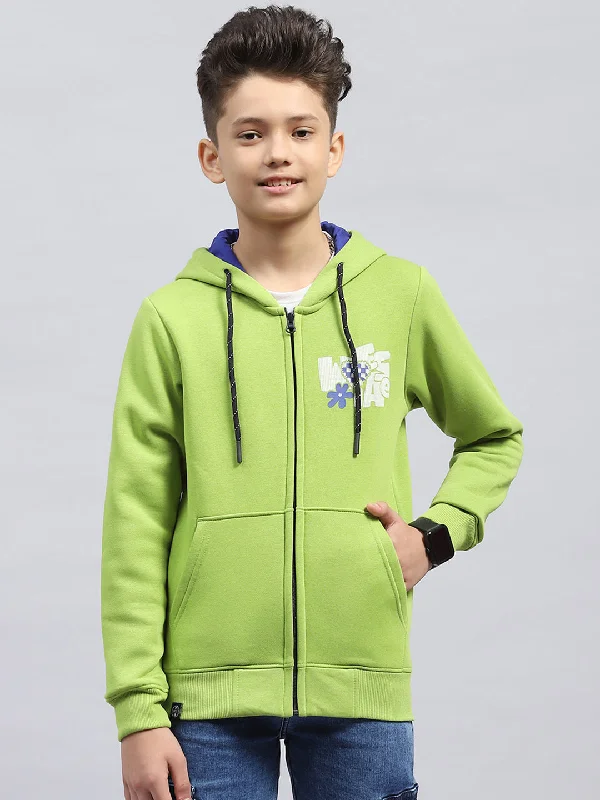 Boys Green Printed Hooded Full Sleeve Sweatshirt