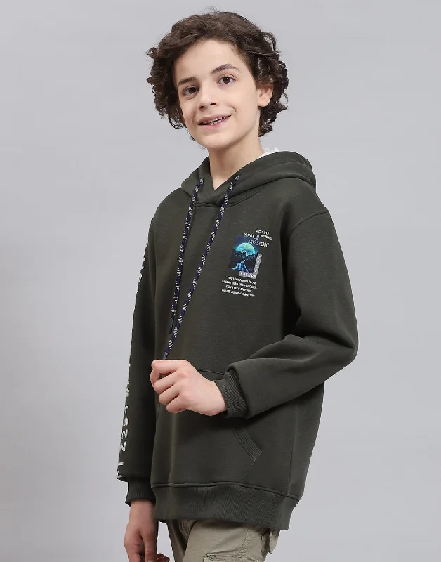 Boys Olive Printed Round Neck Full Sleeve Sweatshirt