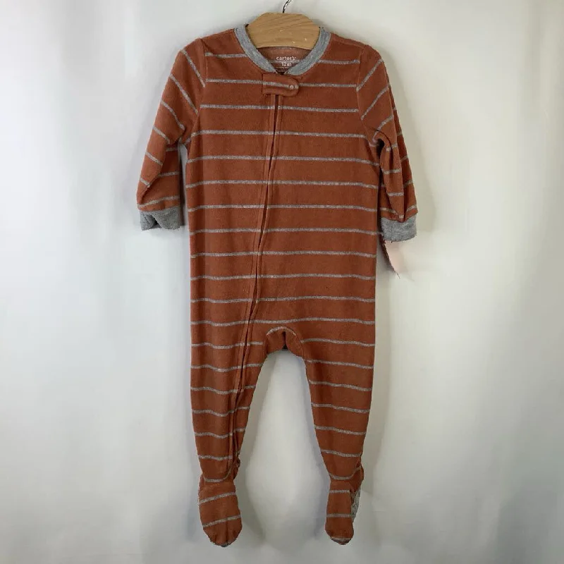 Size 12m: Carters Brown & Grey Striped Fleece Footed Long Sleeve 1pc PJs