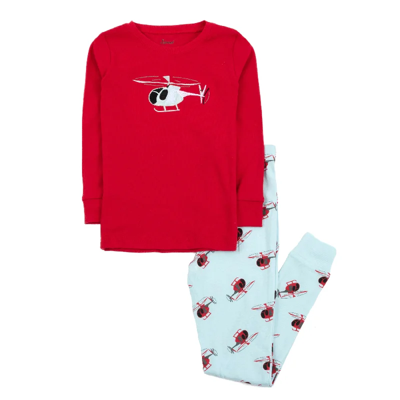 Kids Two Piece Cotton Pajamas Helicopter Red