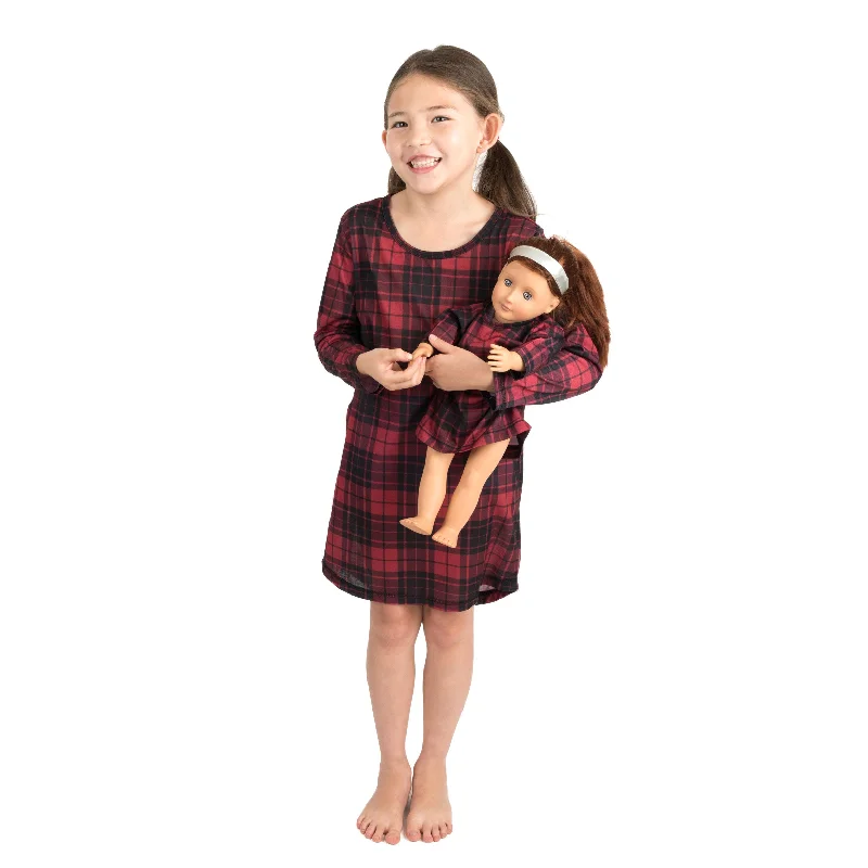 Christmas Girls and Matching Doll Nightgown Plaid Black and Red