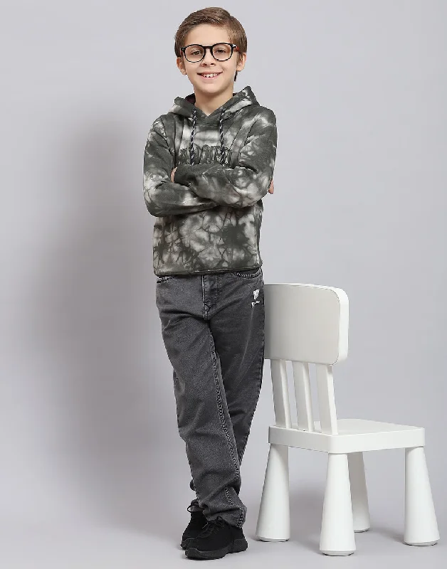 Boys Olive Printed Hooded Full Sleeve Sweatshirt