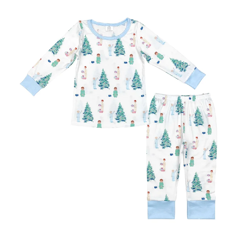 BLP0633 Modal Boys Christmas Tree gift Blue and white long sleeve pants pajamas set