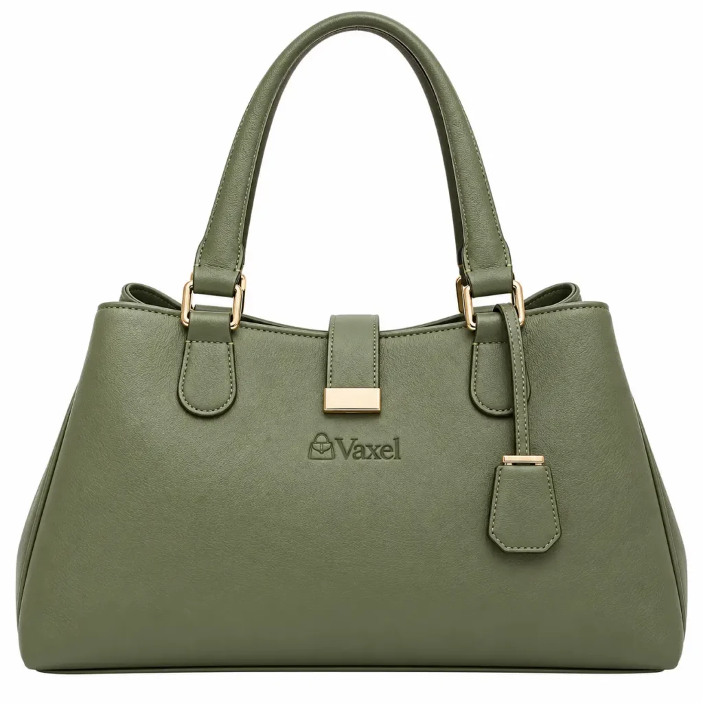 Vaxel Olive Green Leather Handbag with Center Clasp